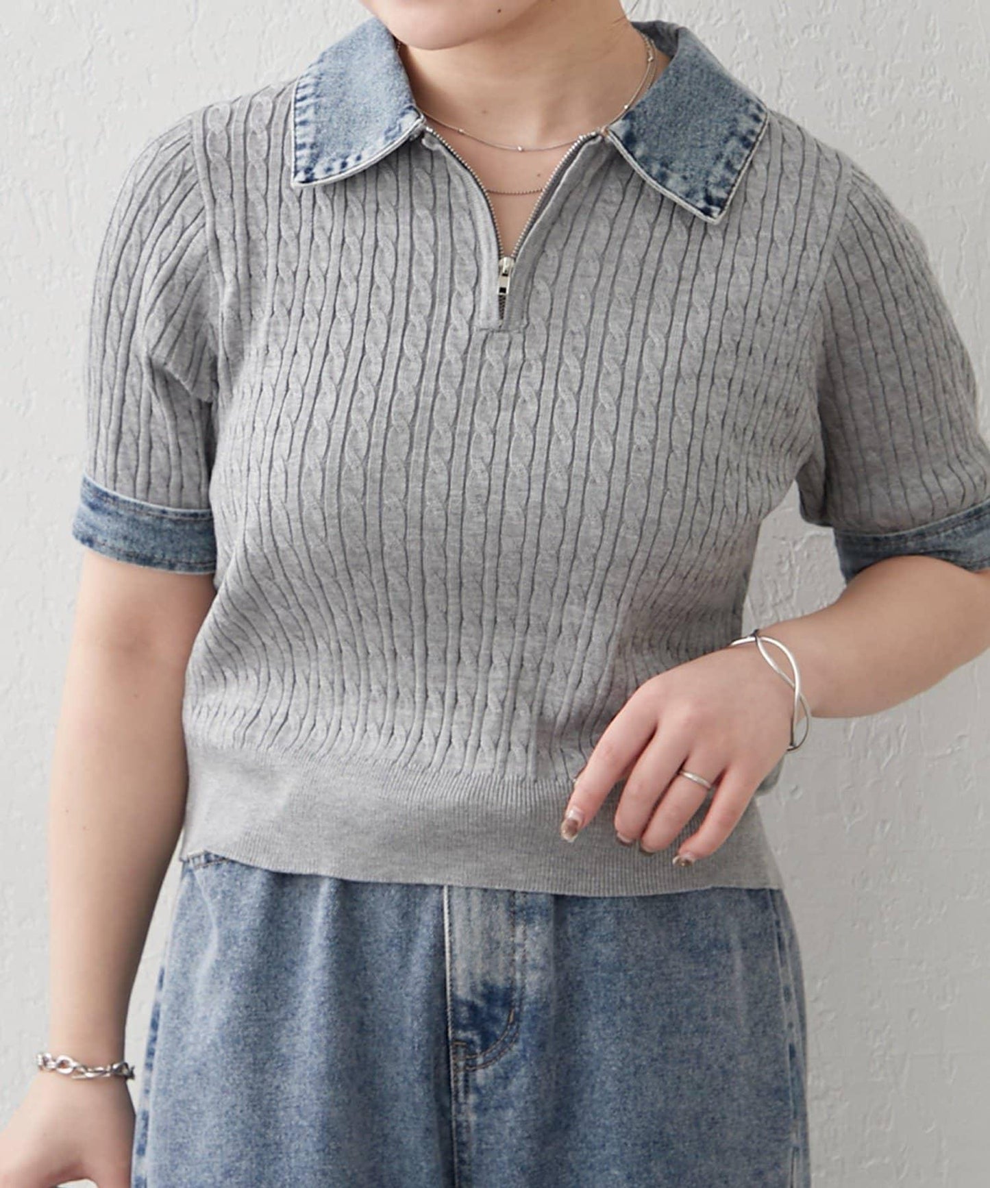 牛仔拼接 半拉鍊 簡約休閒套頭上衣