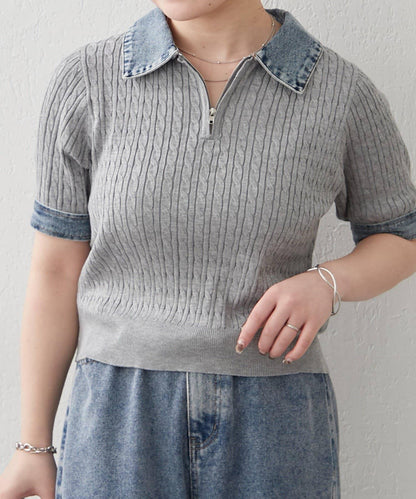 牛仔拼接 半拉鍊 簡約休閒套頭上衣