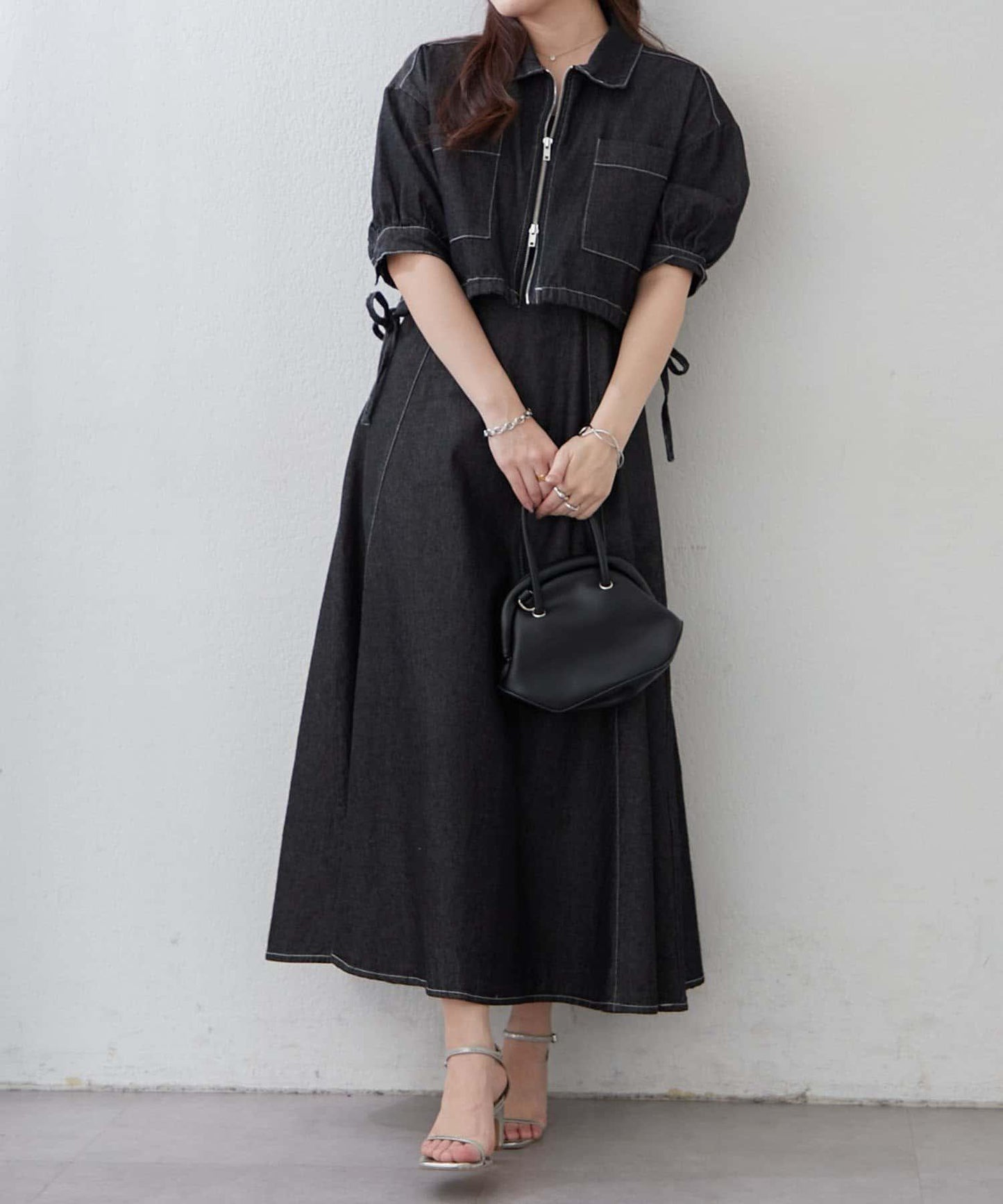 簡約風牛仔五分袖外套＋吊帶連衣裙套裝