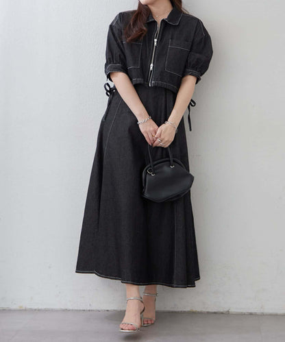 簡約風牛仔五分袖外套＋吊帶連衣裙套裝