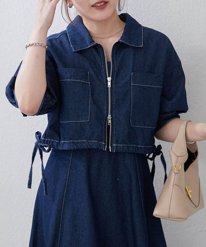 簡約風牛仔五分袖外套＋吊帶連衣裙套裝