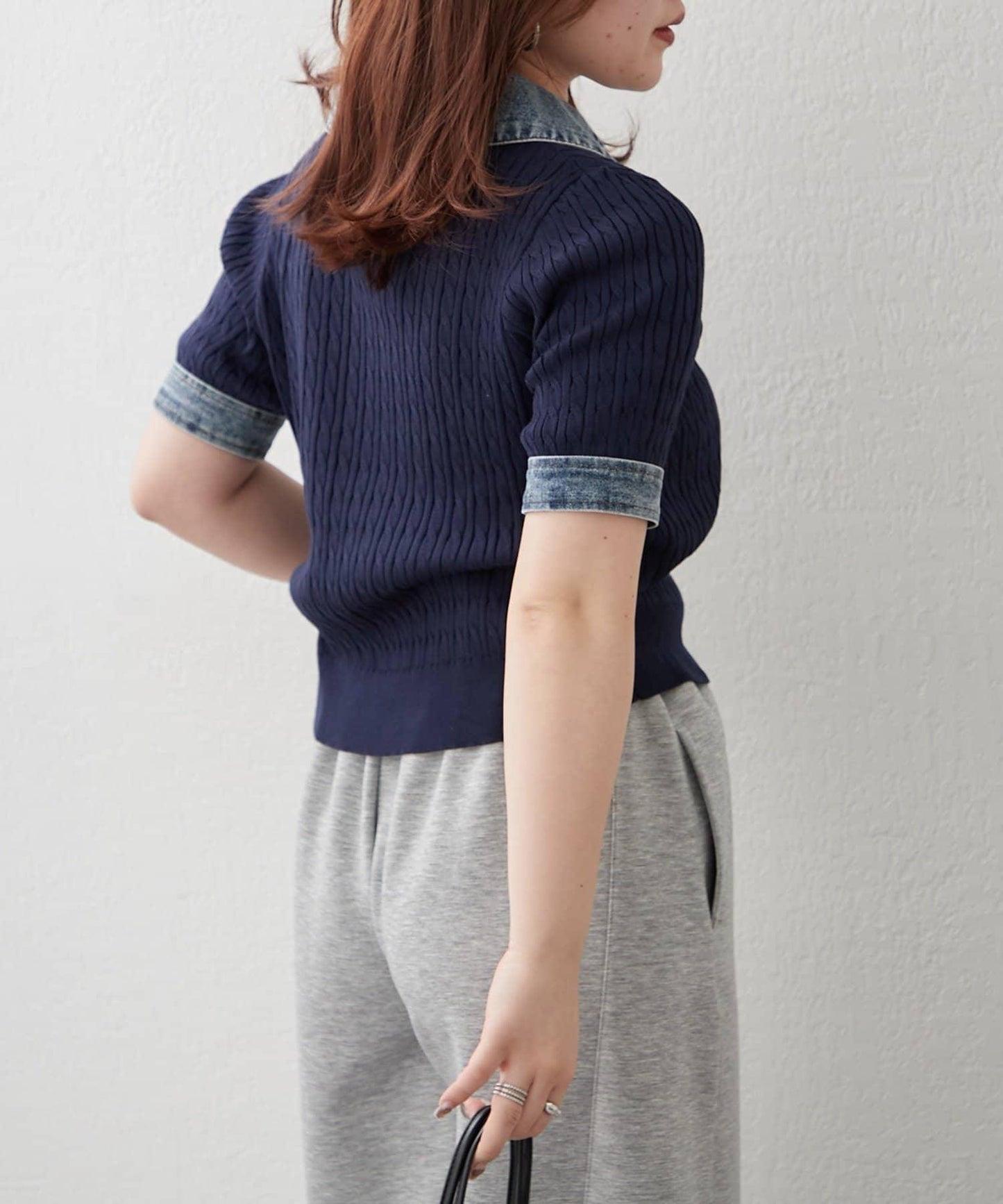 牛仔拼接 半拉鍊 簡約休閒套頭上衣