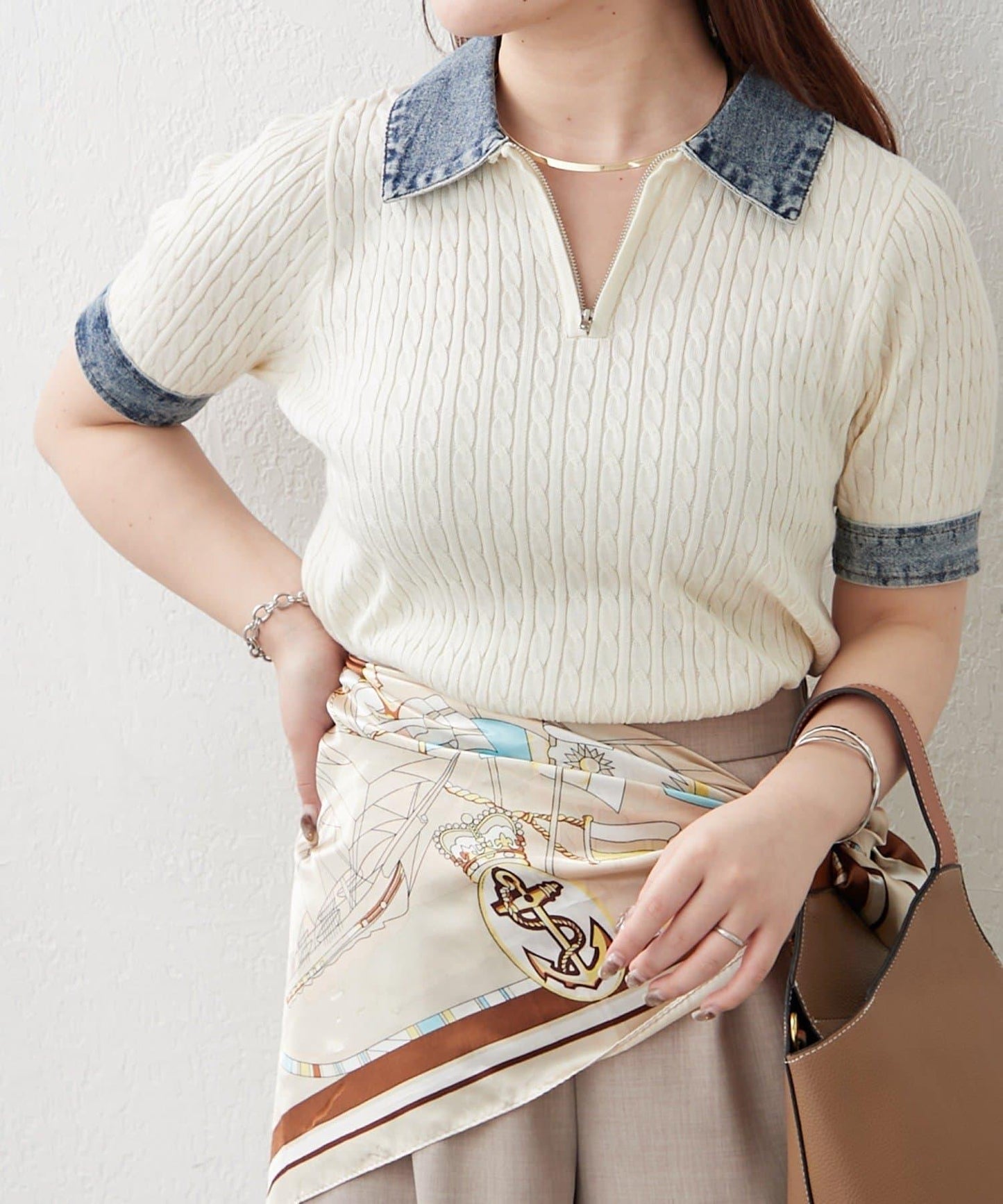 牛仔拼接 半拉鍊 簡約休閒套頭上衣