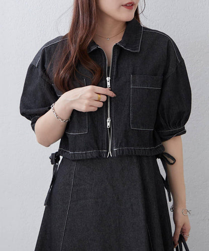 簡約風牛仔五分袖外套＋吊帶連衣裙套裝