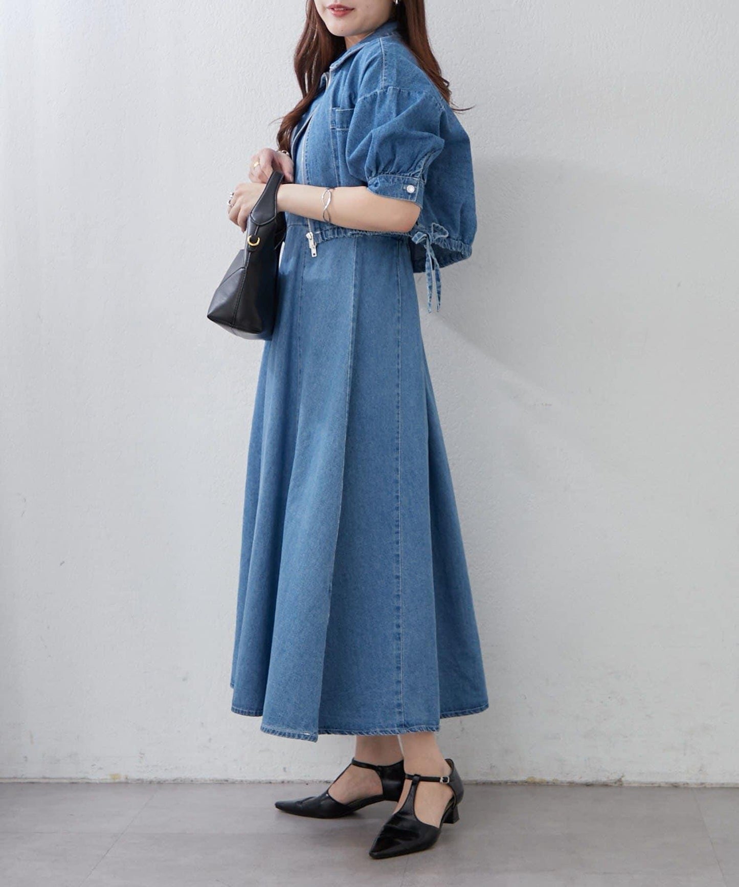 簡約風牛仔五分袖外套＋吊帶連衣裙套裝