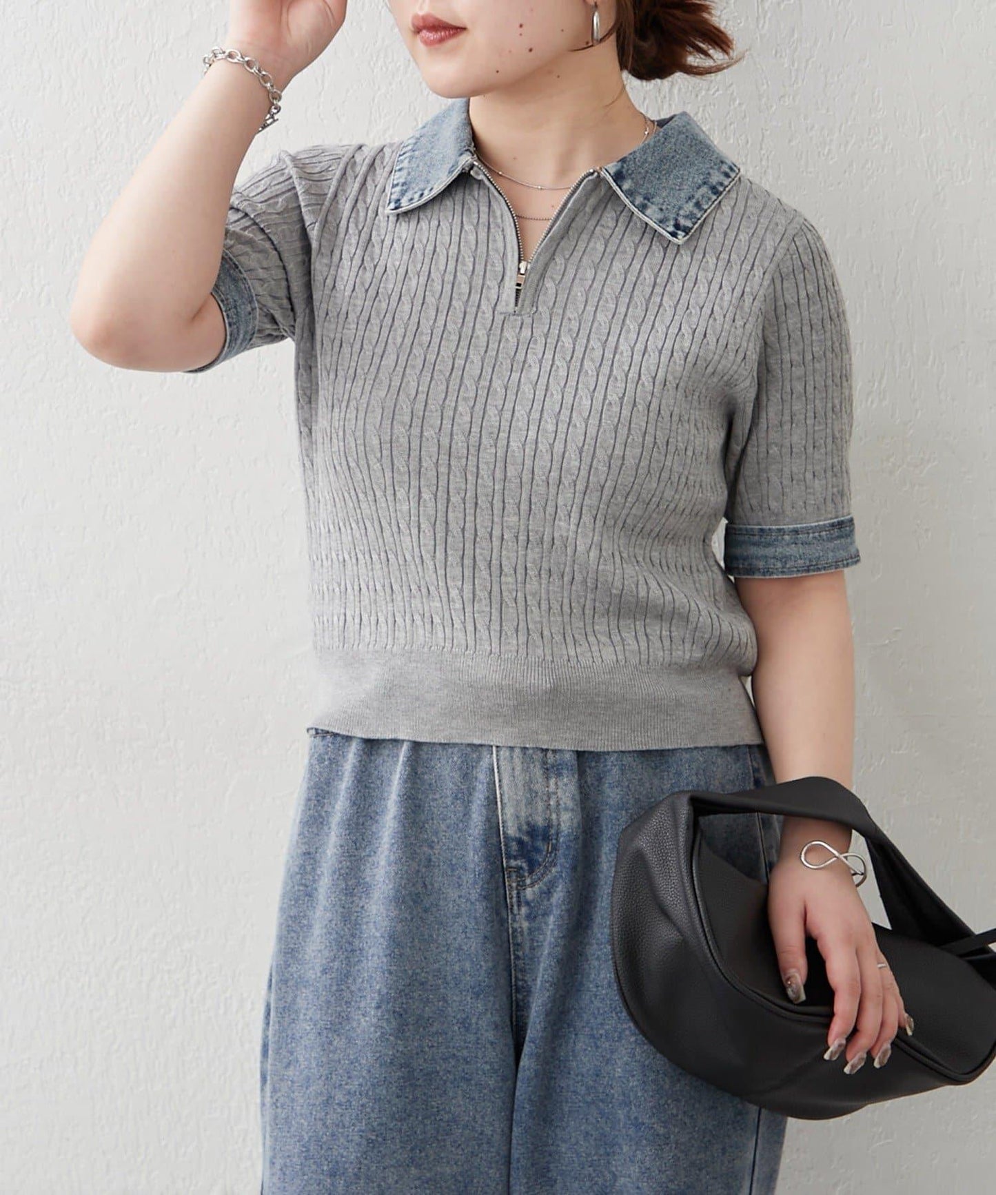 牛仔拼接 半拉鍊 簡約休閒套頭上衣