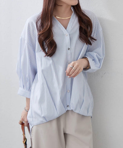 多種紐扣竹筍褶女襯衫
