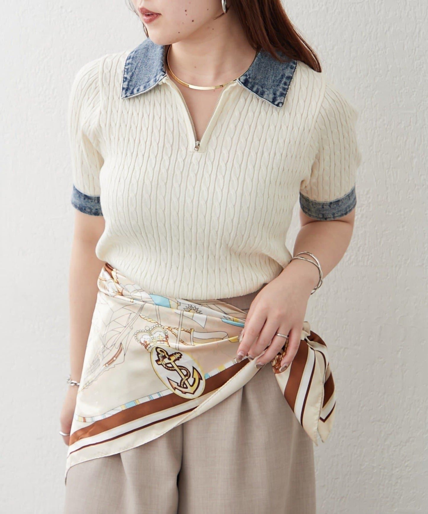 牛仔拼接 半拉鍊 簡約休閒套頭上衣