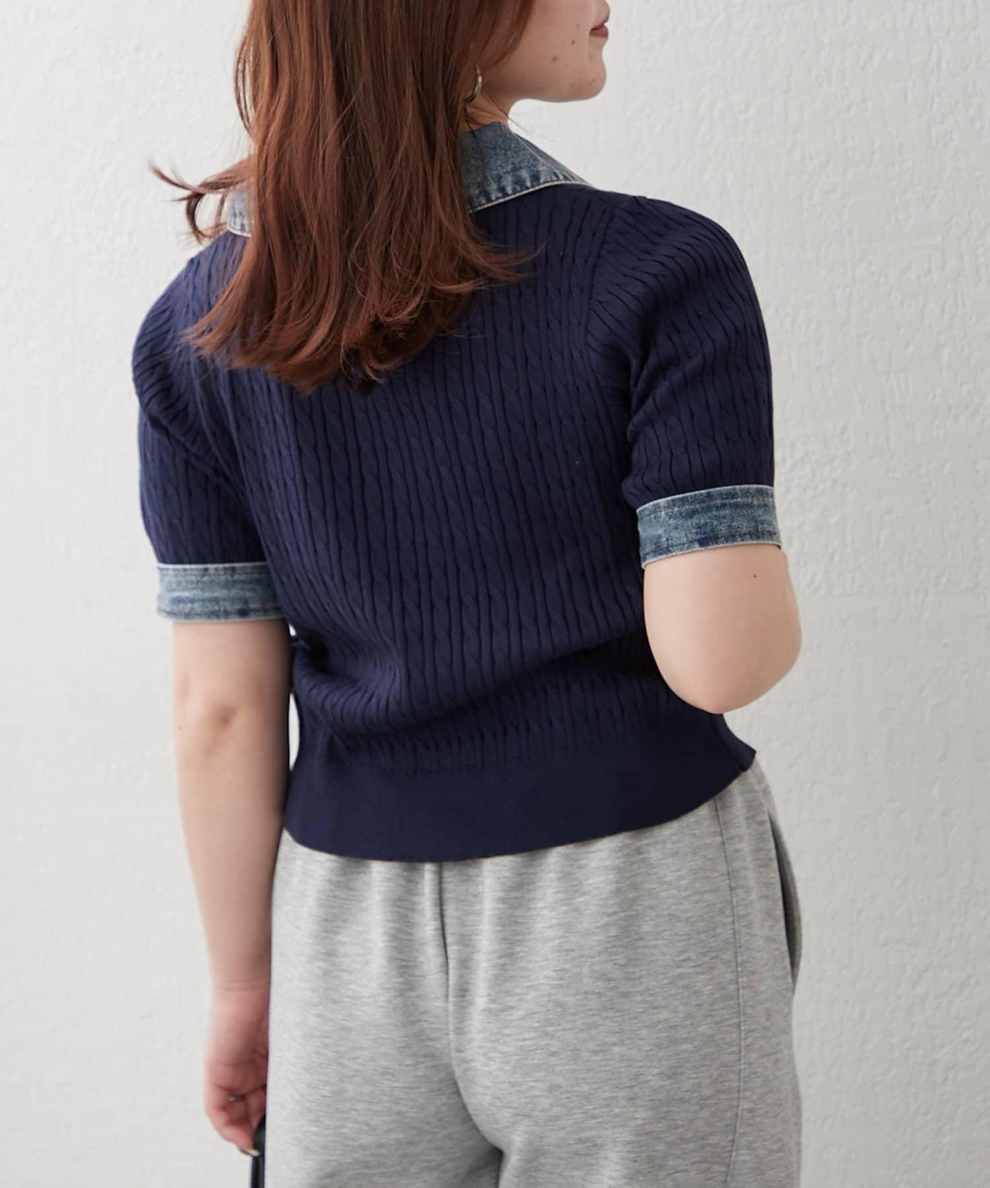 牛仔拼接 半拉鍊 簡約休閒套頭上衣