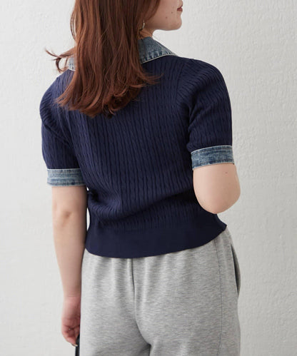 牛仔拼接 半拉鍊 簡約休閒套頭上衣