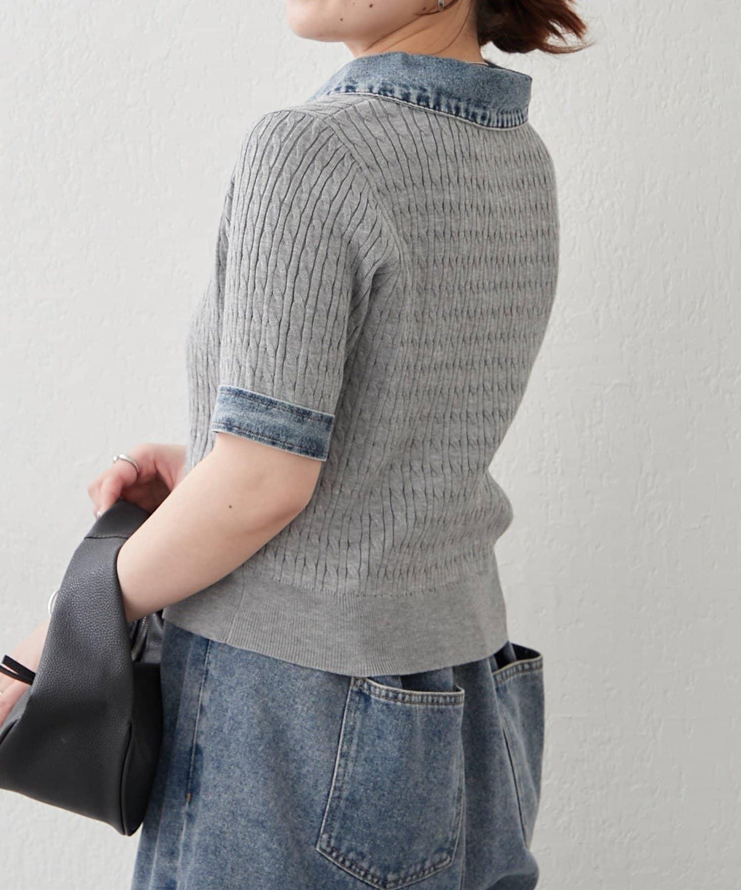 牛仔拼接 半拉鍊 簡約休閒套頭上衣