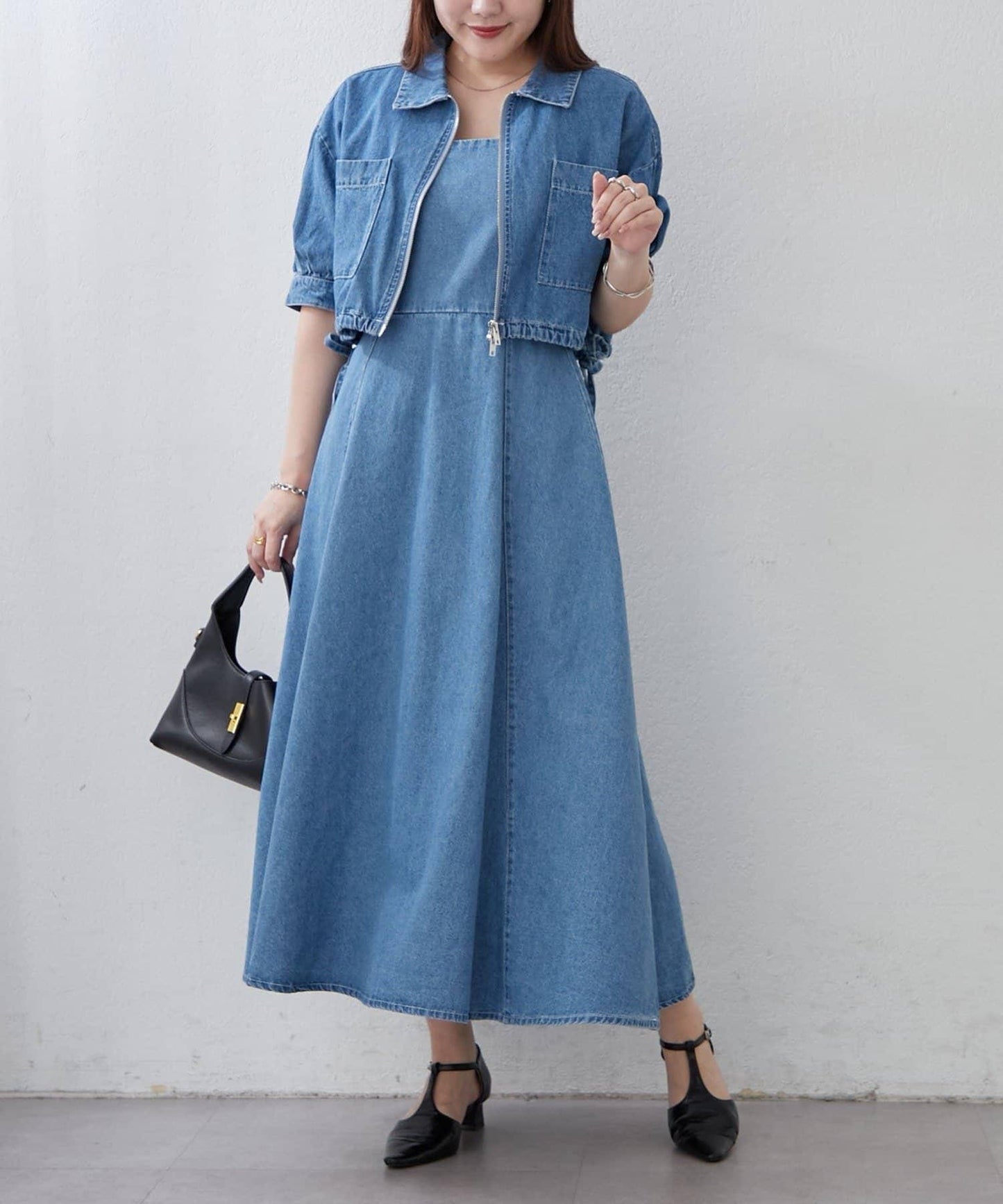 簡約風牛仔五分袖外套＋吊帶連衣裙套裝