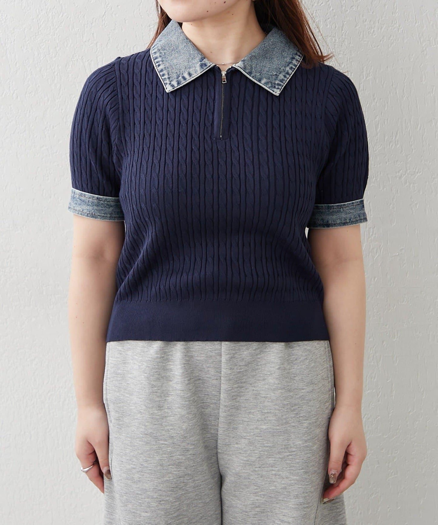 牛仔拼接 半拉鍊 簡約休閒套頭上衣