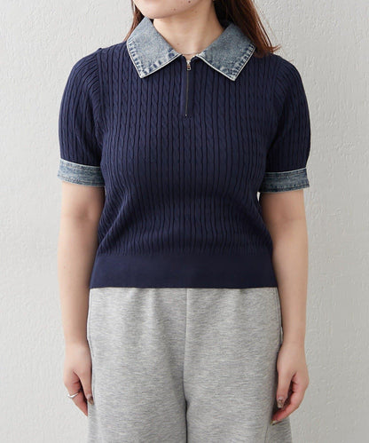 牛仔拼接 半拉鍊 簡約休閒套頭上衣