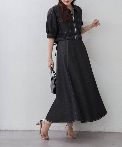 簡約風牛仔五分袖外套＋吊帶連衣裙套裝