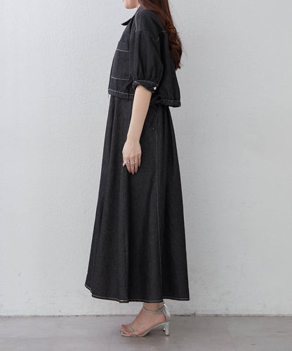 簡約風牛仔五分袖外套＋吊帶連衣裙套裝