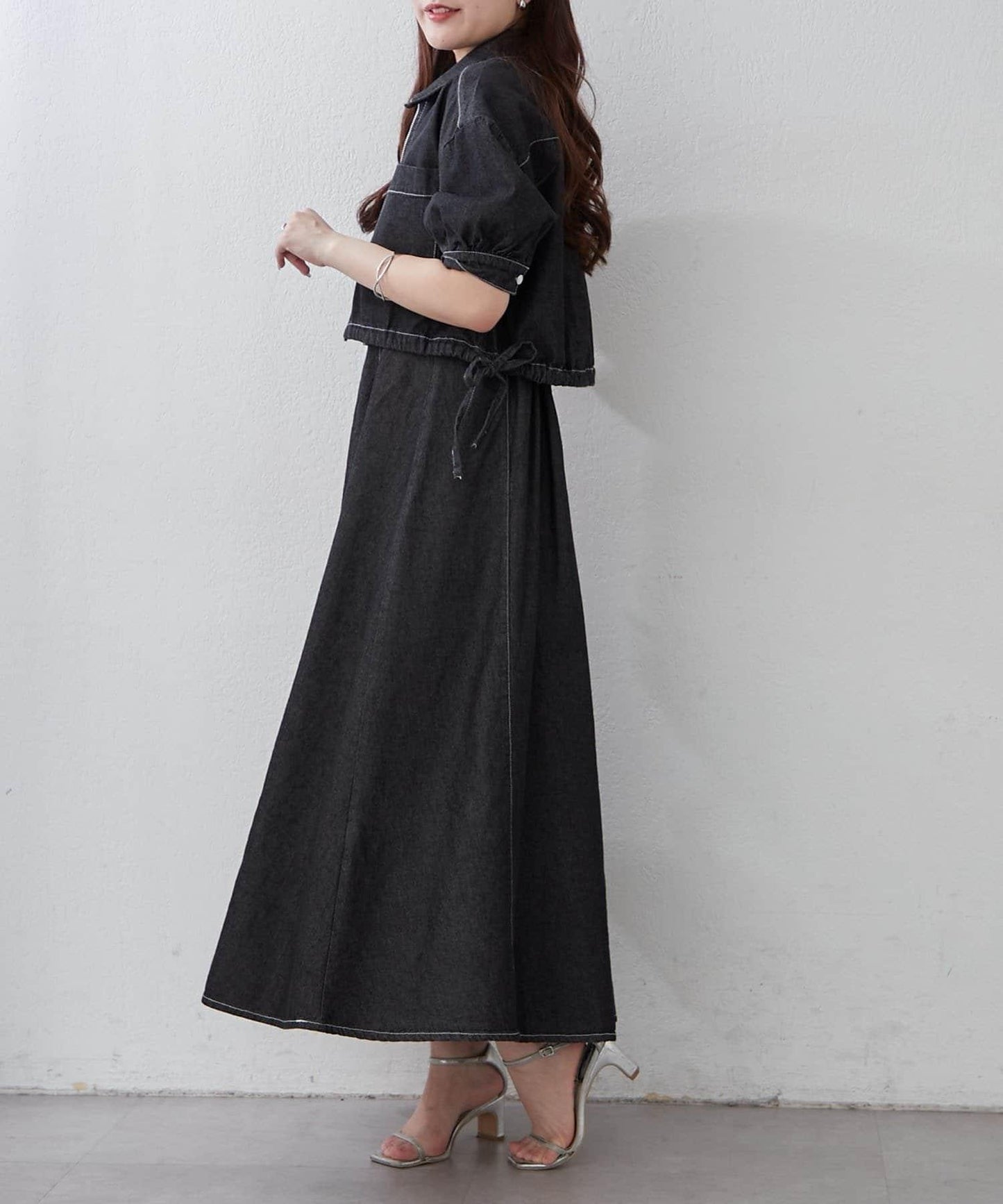 簡約風牛仔五分袖外套＋吊帶連衣裙套裝