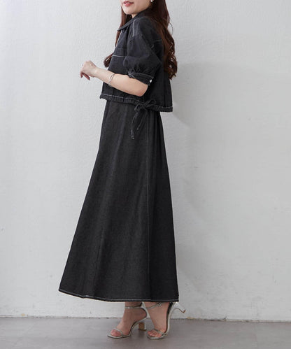 簡約風牛仔五分袖外套＋吊帶連衣裙套裝