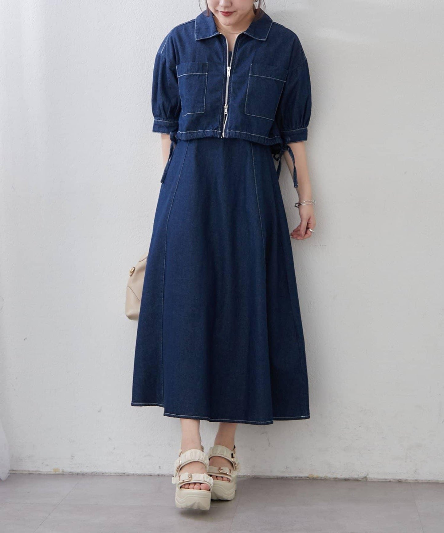 簡約風牛仔五分袖外套＋吊帶連衣裙套裝