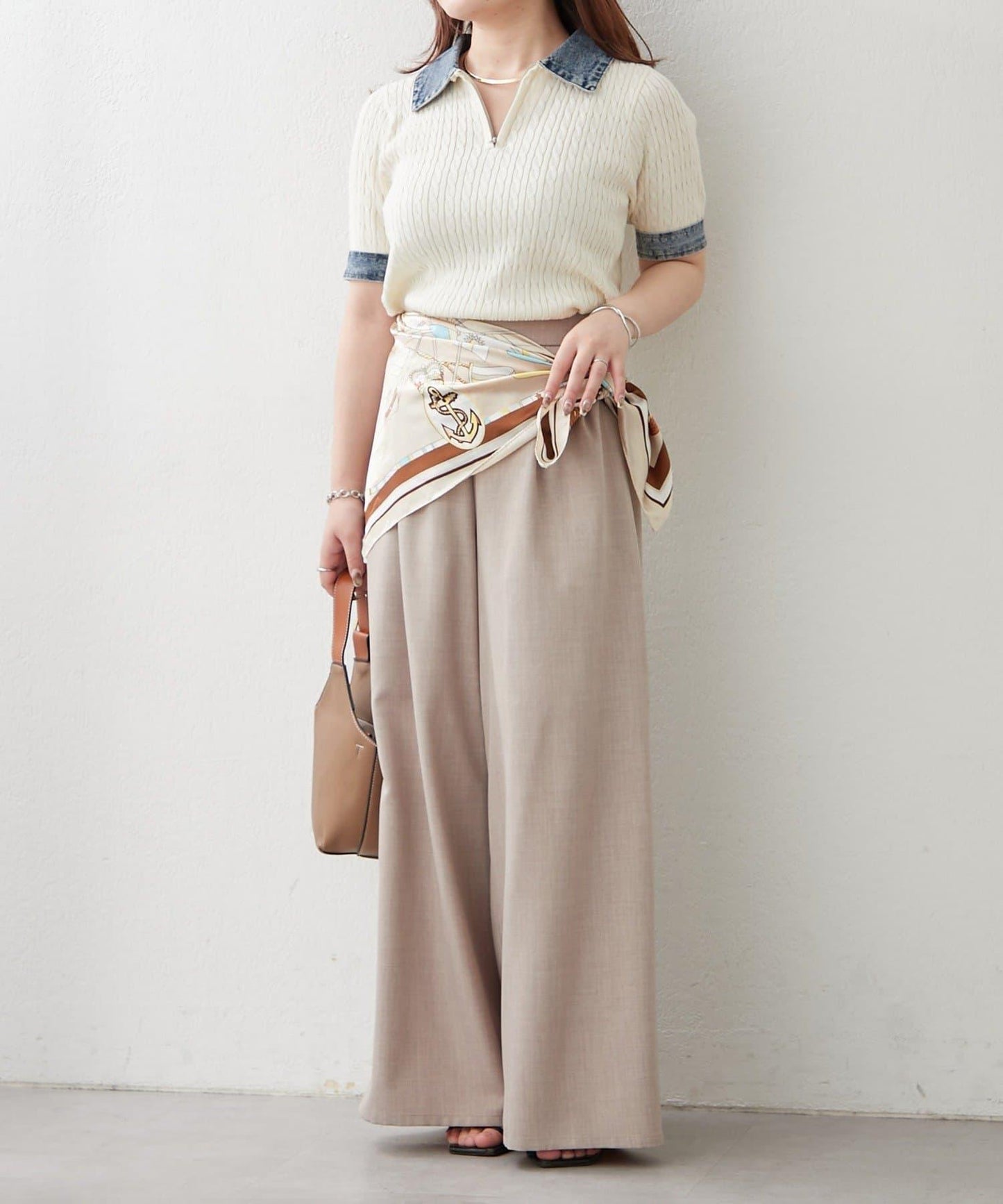 牛仔拼接 半拉鍊 簡約休閒套頭上衣