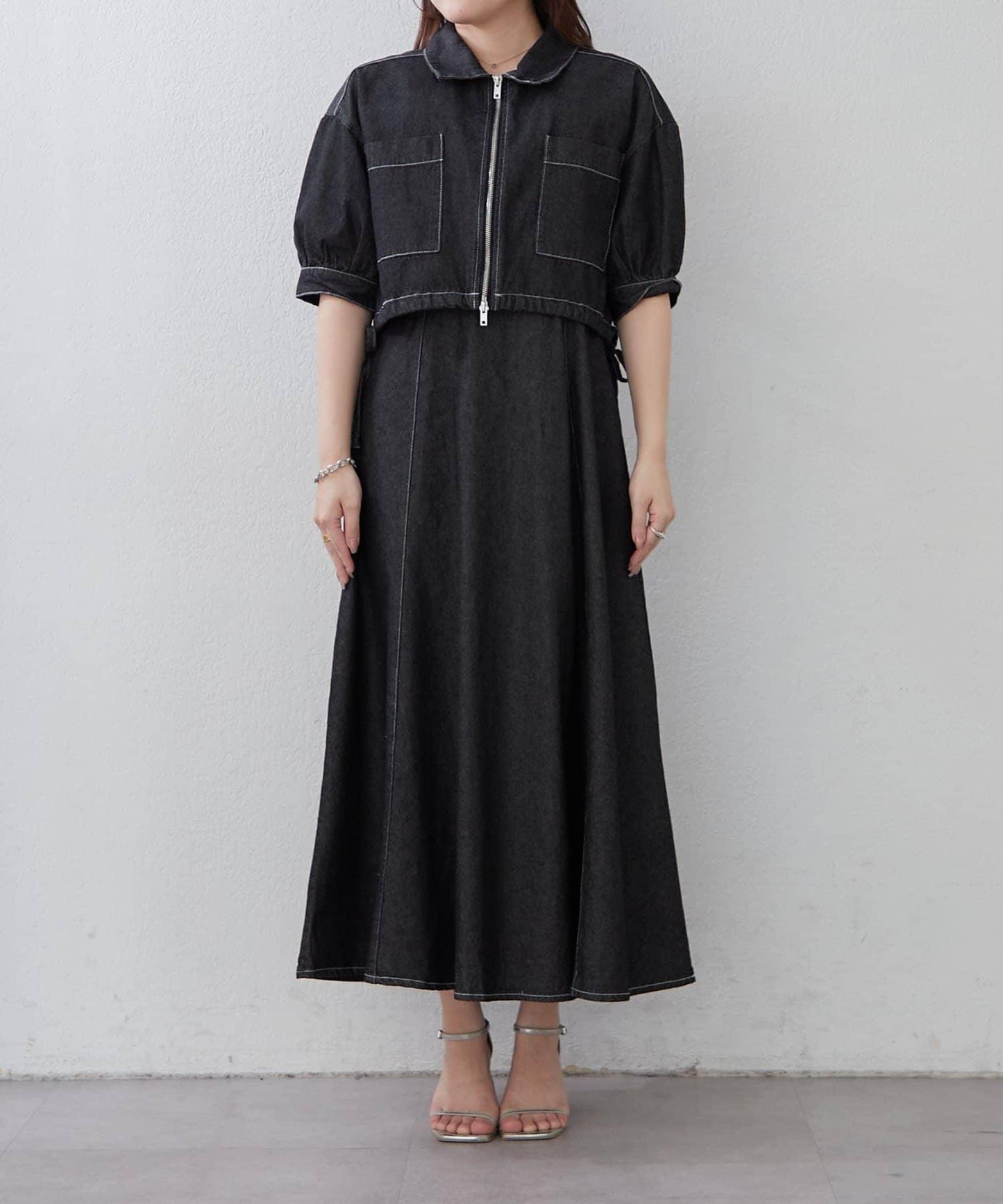簡約風牛仔五分袖外套＋吊帶連衣裙套裝