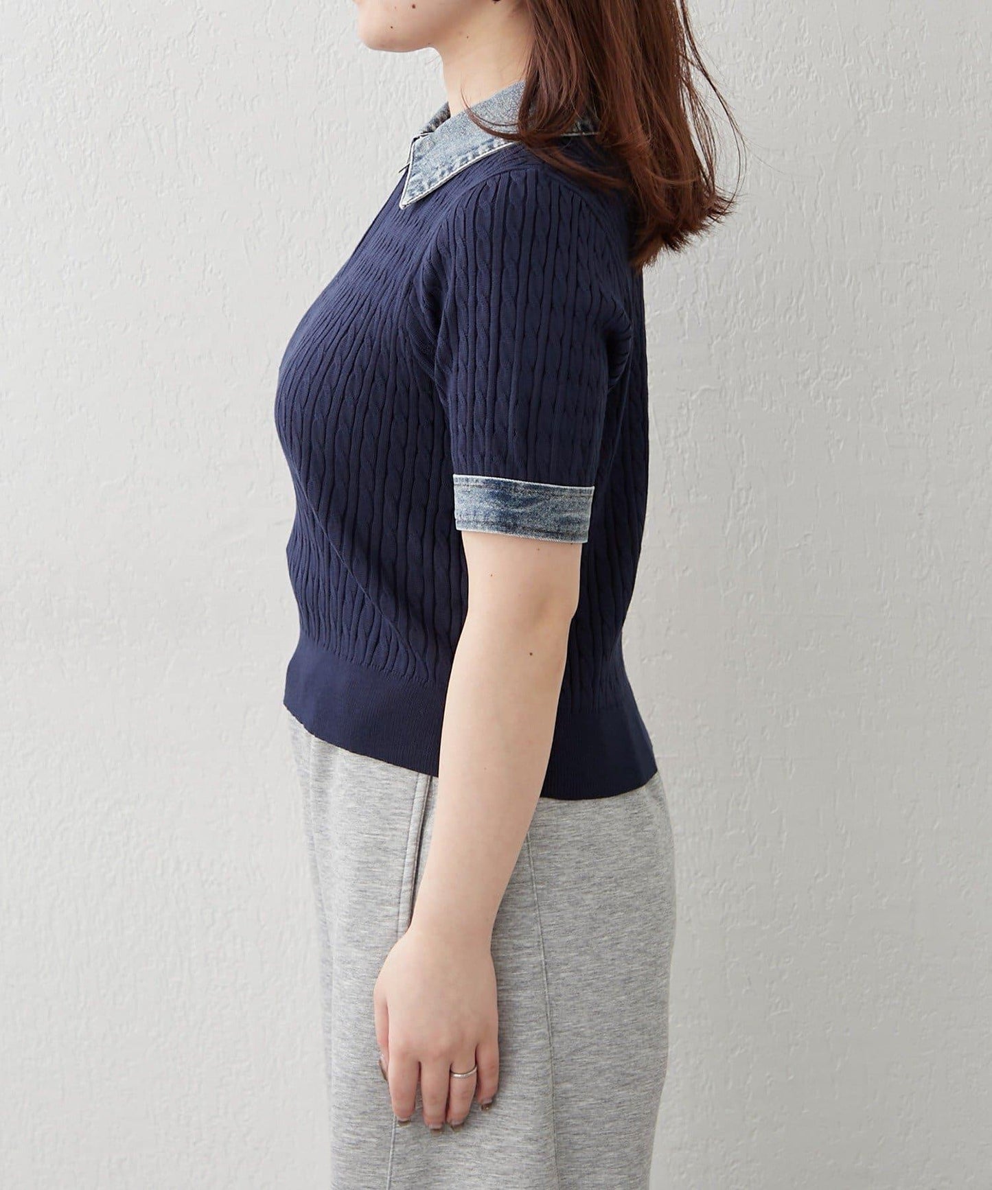 牛仔拼接 半拉鍊 簡約休閒套頭上衣