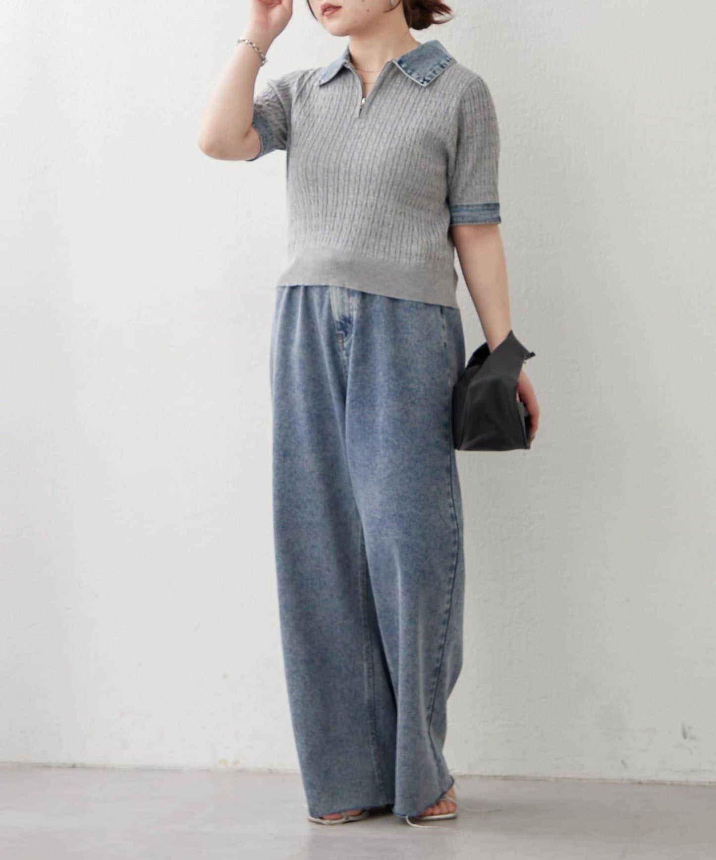 牛仔拼接 半拉鍊 簡約休閒套頭上衣