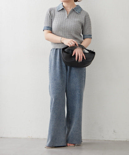 牛仔拼接 半拉鍊 簡約休閒套頭上衣