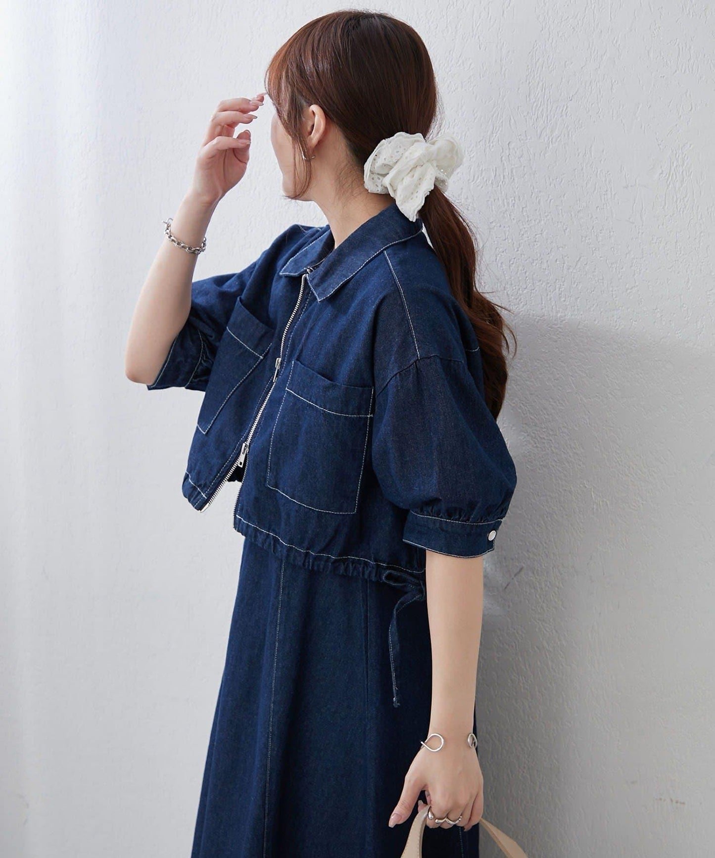 簡約風牛仔五分袖外套＋吊帶連衣裙套裝