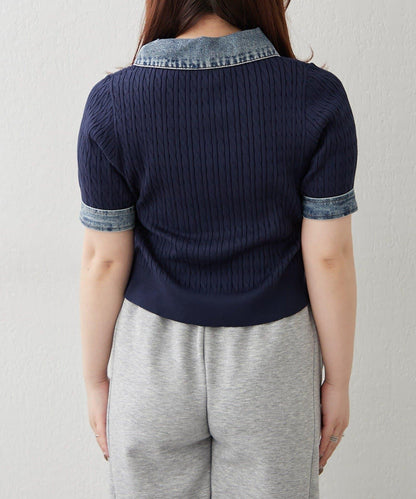 牛仔拼接 半拉鍊 簡約休閒套頭上衣