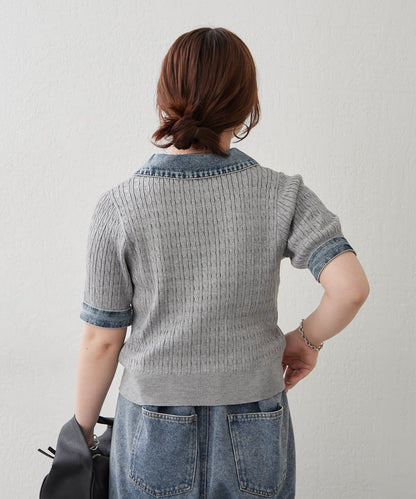 牛仔拼接 半拉鍊 簡約休閒套頭上衣