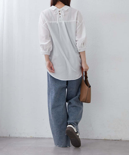 多種紐扣竹筍褶女襯衫