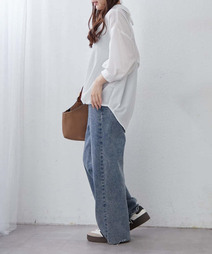 多種紐扣竹筍褶女襯衫