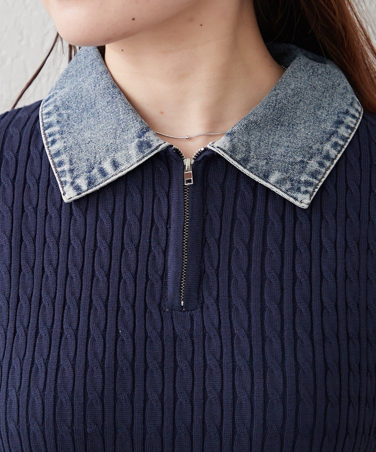 牛仔拼接 半拉鍊 簡約休閒套頭上衣