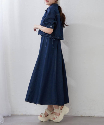簡約風牛仔五分袖外套＋吊帶連衣裙套裝