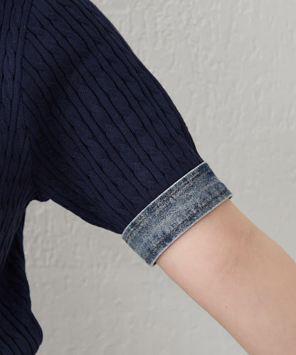 牛仔拼接 半拉鍊 簡約休閒套頭上衣