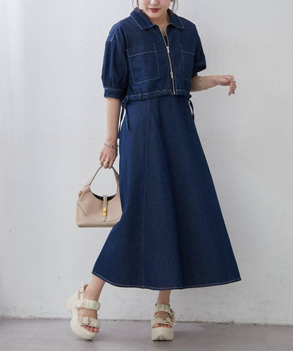 簡約風牛仔五分袖外套＋吊帶連衣裙套裝