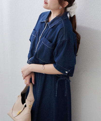 簡約風牛仔五分袖外套＋吊帶連衣裙套裝
