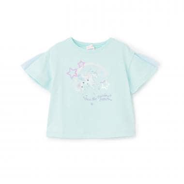 獨角獸圖案 袖部網紗拼接 短袖T恤