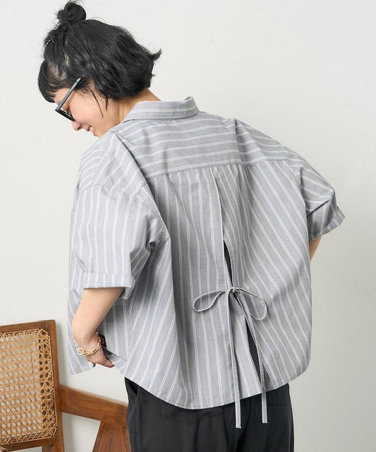 聯名 條紋 後蝴蝶結 短袖襯衫