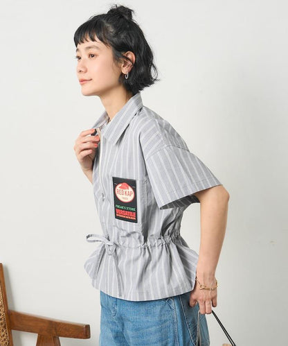 特別款 條紋 腰部蝴蝶結 半拉鍊 短袖襯衫