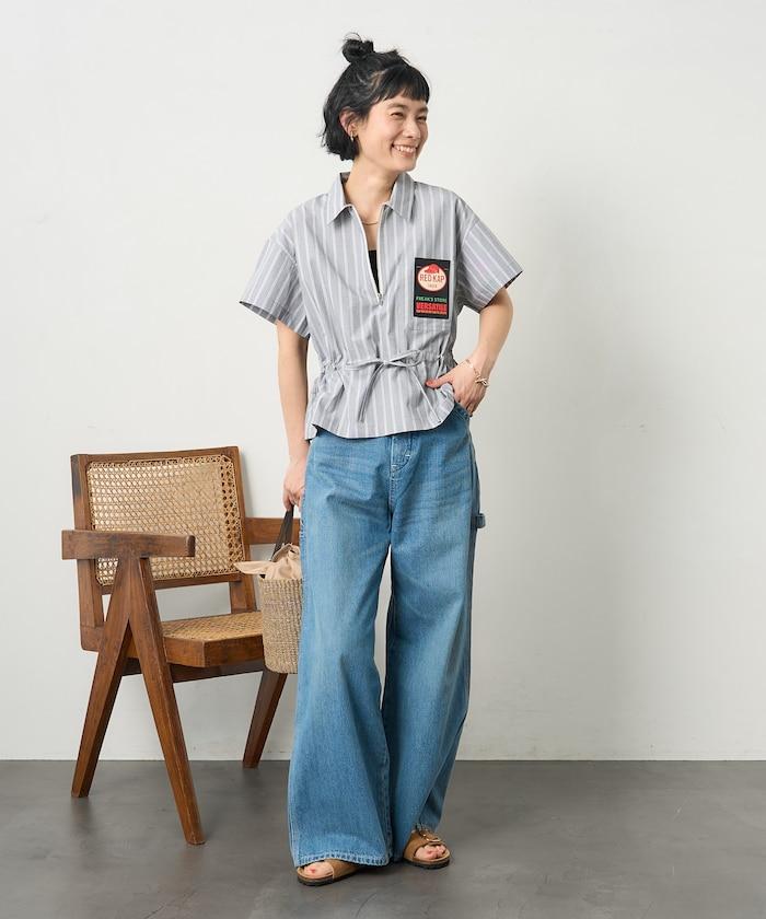 特別款 條紋 腰部蝴蝶結 半拉鍊 短袖襯衫