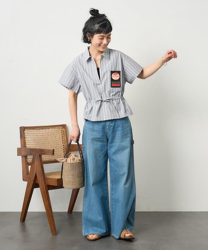 特別款 條紋 腰部蝴蝶結 半拉鍊 短袖襯衫