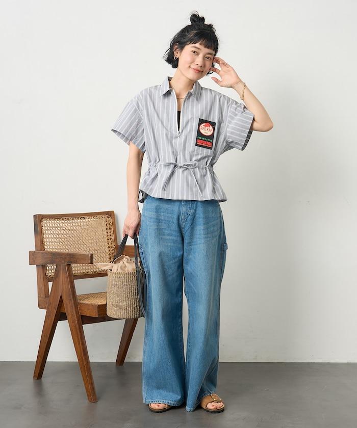 特別款 條紋 腰部蝴蝶結 半拉鍊 短袖襯衫