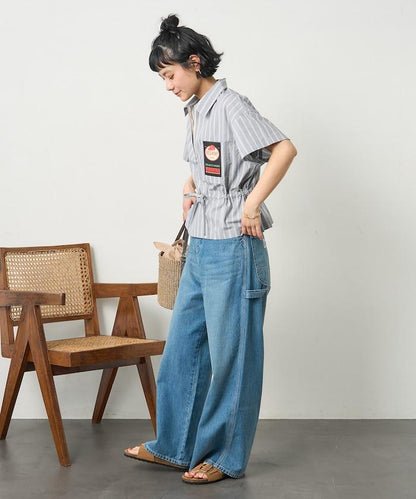 特別款 條紋 腰部蝴蝶結 半拉鍊 短袖襯衫