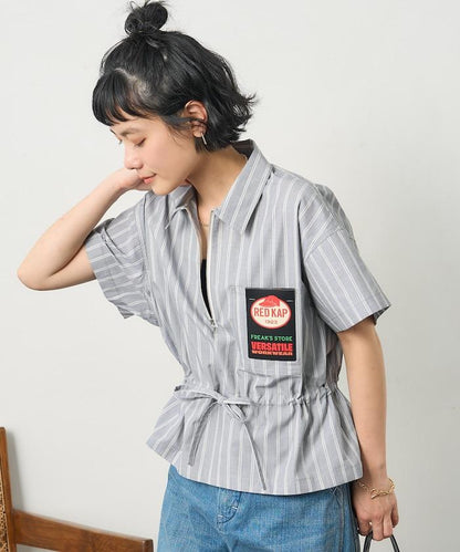 特別款 條紋 腰部蝴蝶結 半拉鍊 短袖襯衫