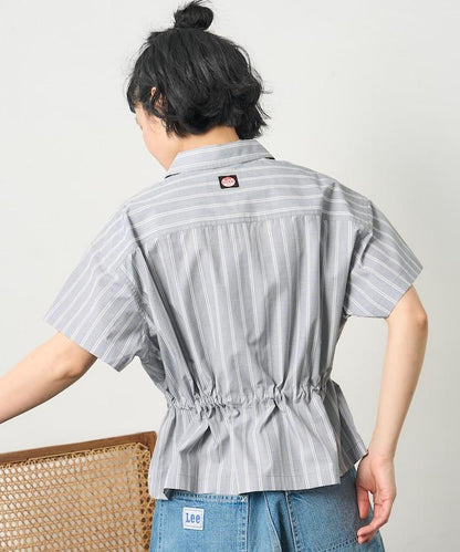 特別款 條紋 腰部蝴蝶結 半拉鍊 短袖襯衫