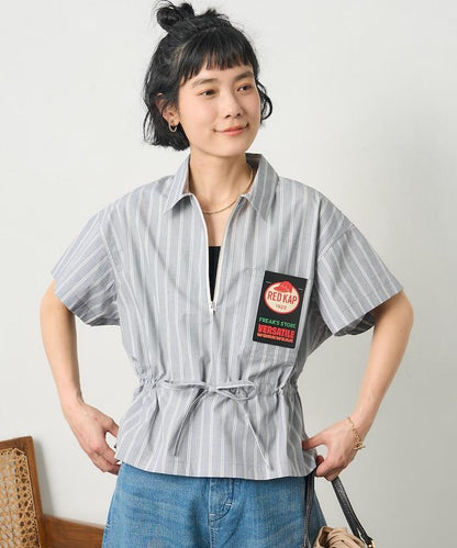 特別款 條紋 腰部蝴蝶結 半拉鍊 短袖襯衫