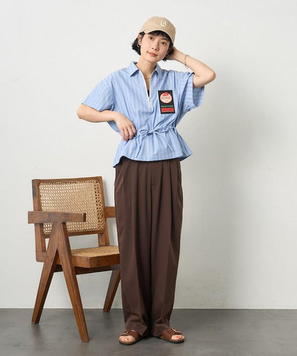 特別款 條紋 腰部蝴蝶結 半拉鍊 短袖襯衫