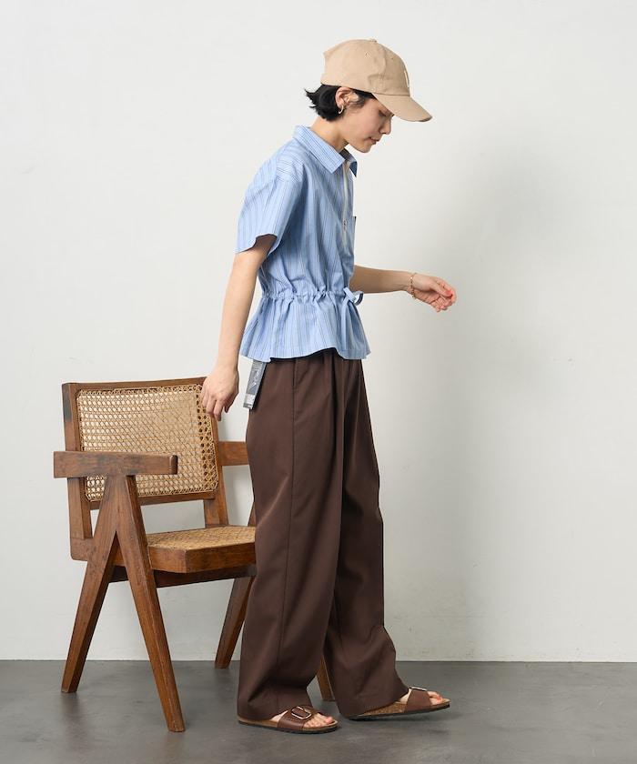 特別款 條紋 腰部蝴蝶結 半拉鍊 短袖襯衫